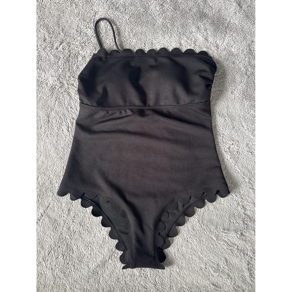 SHEIN Women Black Scallop Trim One Shoulder Ribbed One Piece Swimsuit Size M